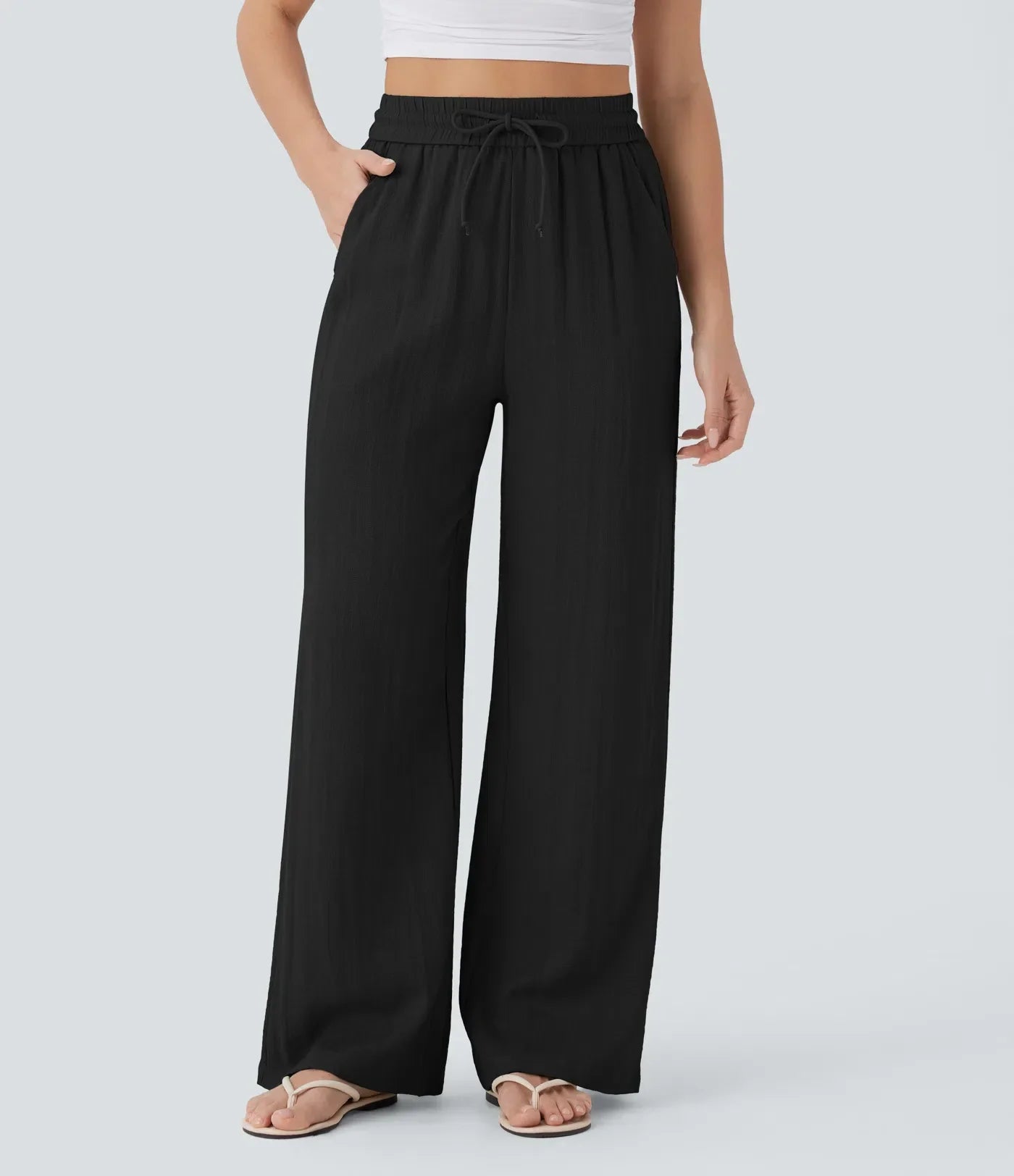 High Waisted Drawstring Pocket Wide Leg Casual Linen-Feel Trousers