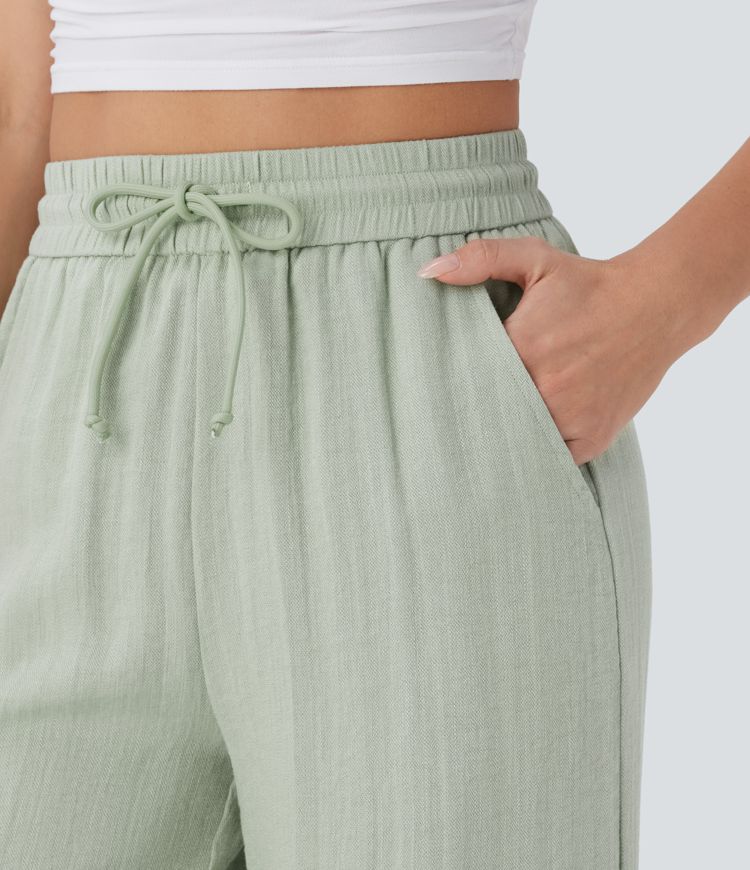 High Waisted Drawstring Pocket Wide Leg Casual Linen-Feel Trousers