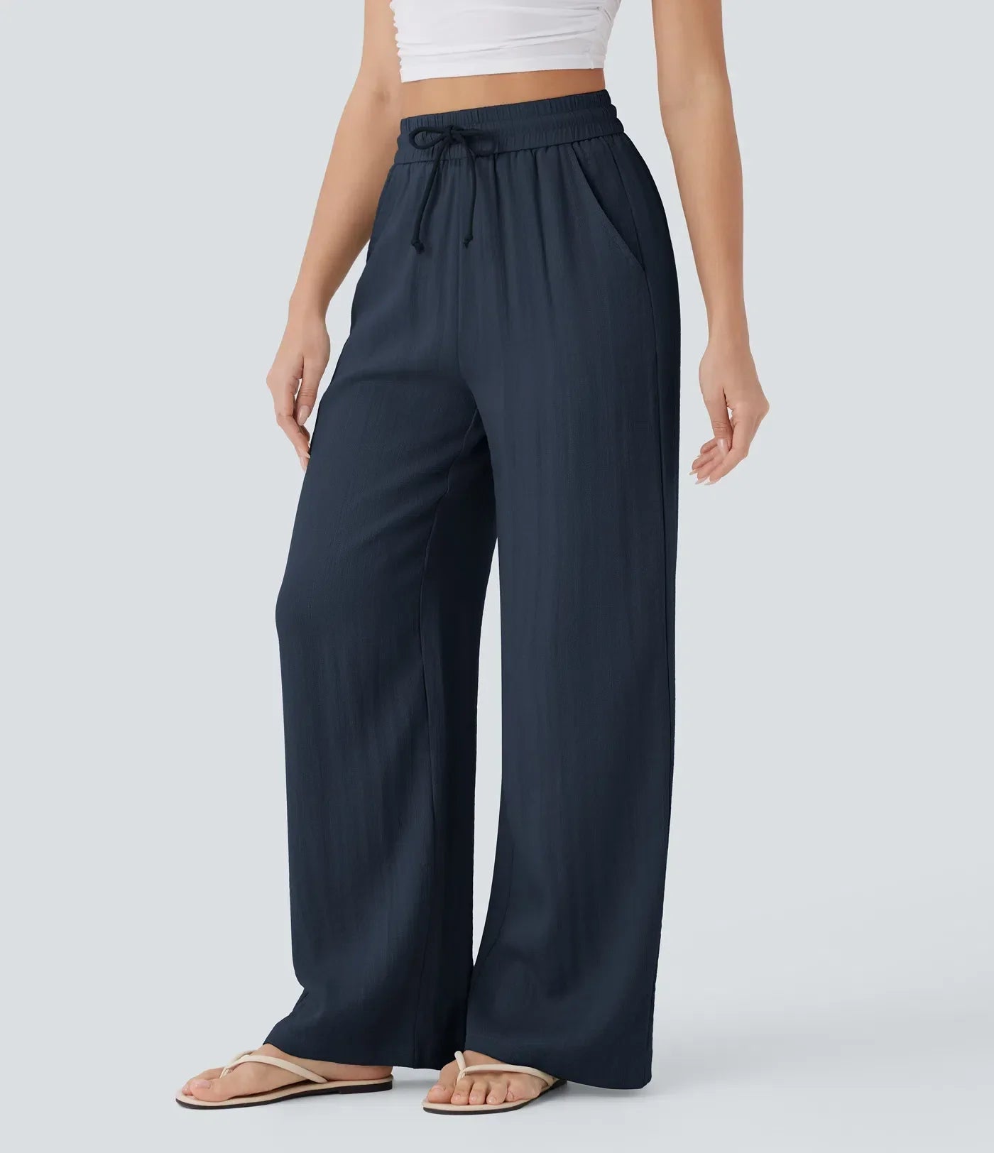 High Waisted Drawstring Pocket Wide Leg Casual Linen-Feel Trousers